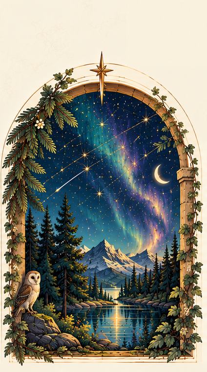Constellations: a night sky with an aurora and a crescent moon seen through a stone arch wreathed in evergreen, with an owl on a rock below