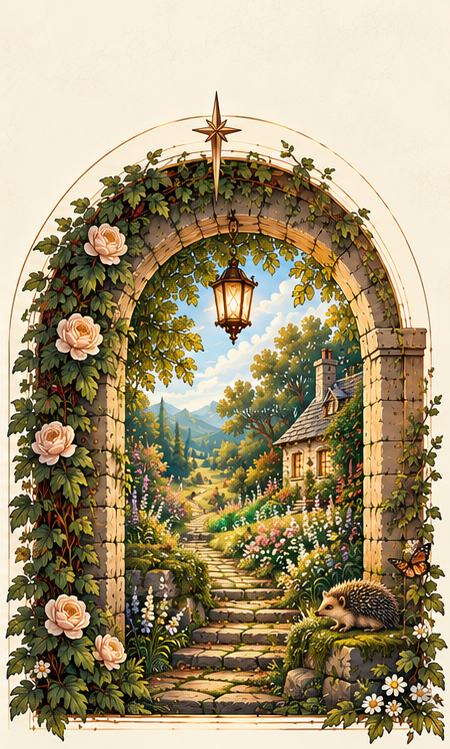 Discover: a cottage garden with a mossy stone path seen through a stone arch of climbing roses, with a hedgehog and a butterfly