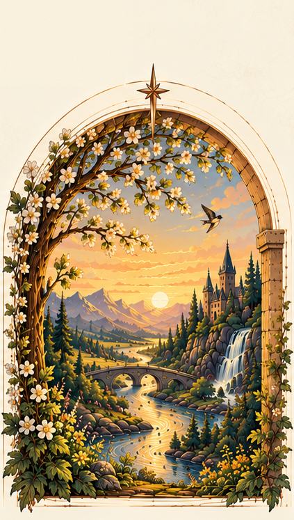 Wayfinding: a river, a bridge and a distant castle at sunset seen through a stone arch, with a flowering tree along the left side